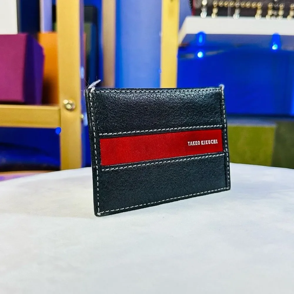 Takeo Kikuchi Black Red Strip Leather Men’s Compact Card Holder Case Wallet
